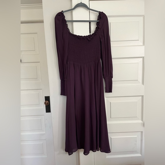 Reformation Rowan Smocked Crepe Long Sleeve Dress in Blackberry - Picture 3 of 7